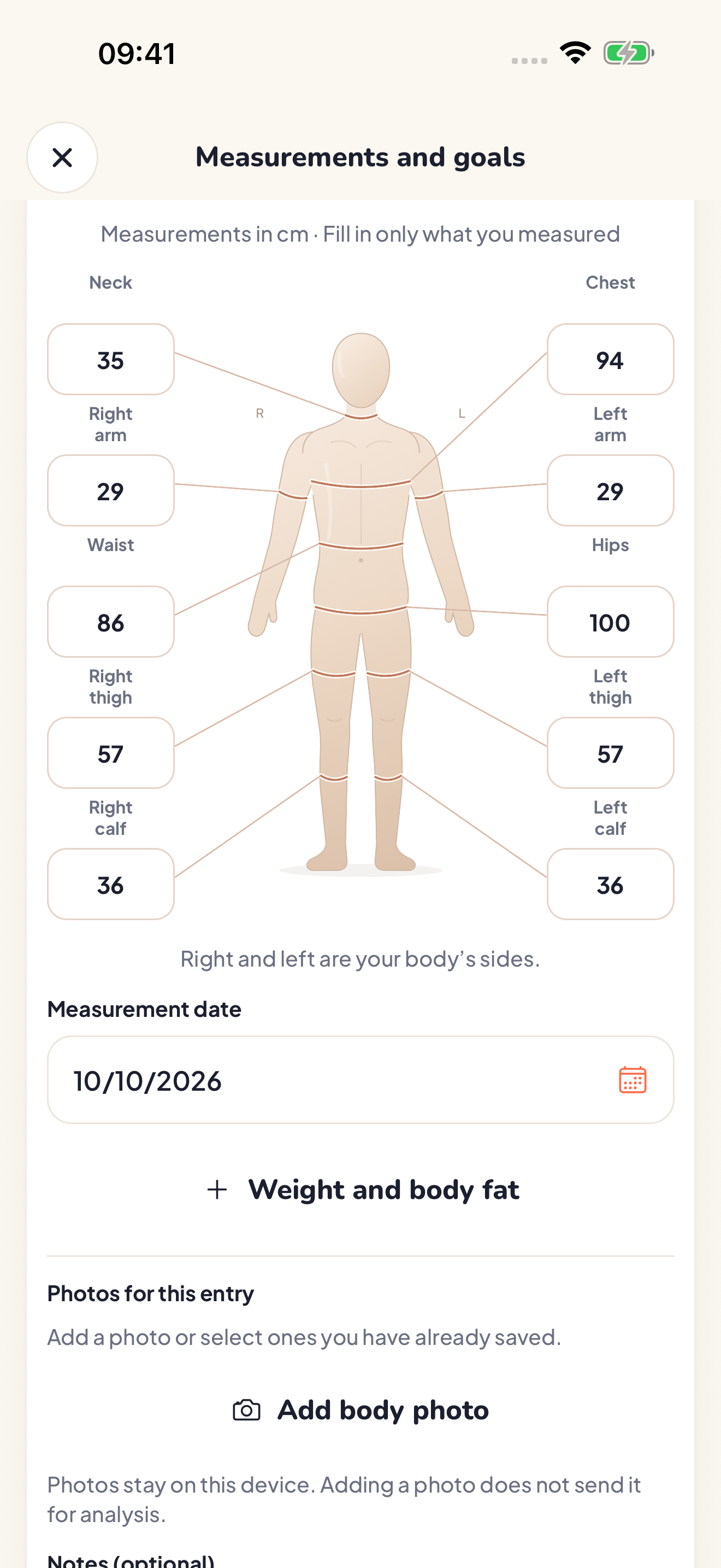 Actual PepWay app screen for manually recording body measurements, with sample data.