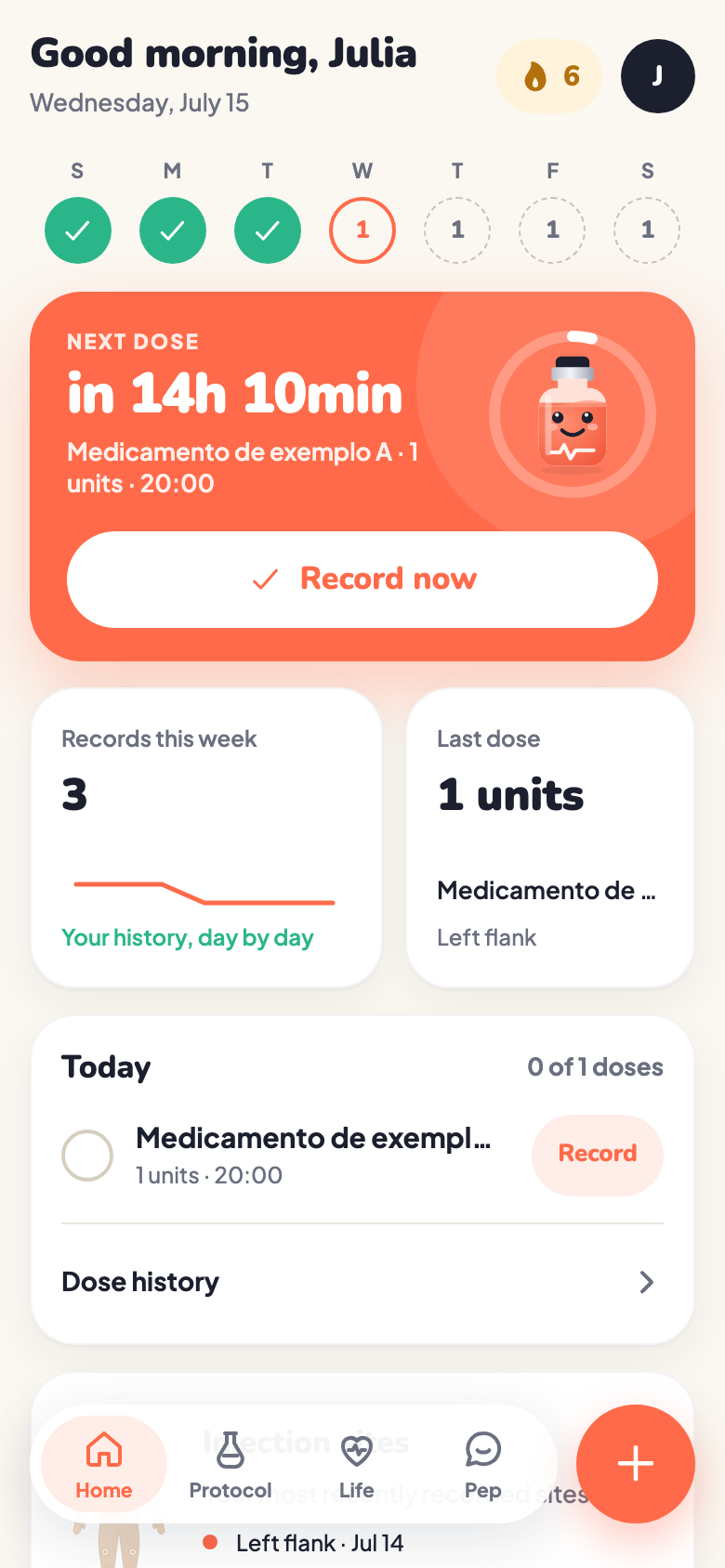 PepWay home screen with upcoming doses and sample entries.