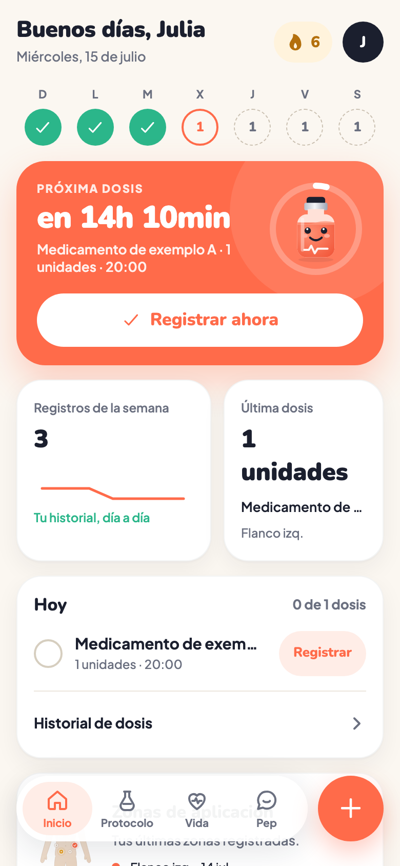 Pantalla de inicio de PepWay con próximas dosis y registros de ejemplo.