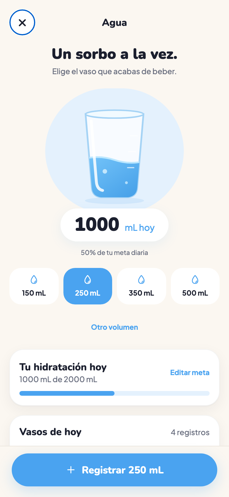 Pantalla de agua de PepWay con vaso visual y consumo de ejemplo.