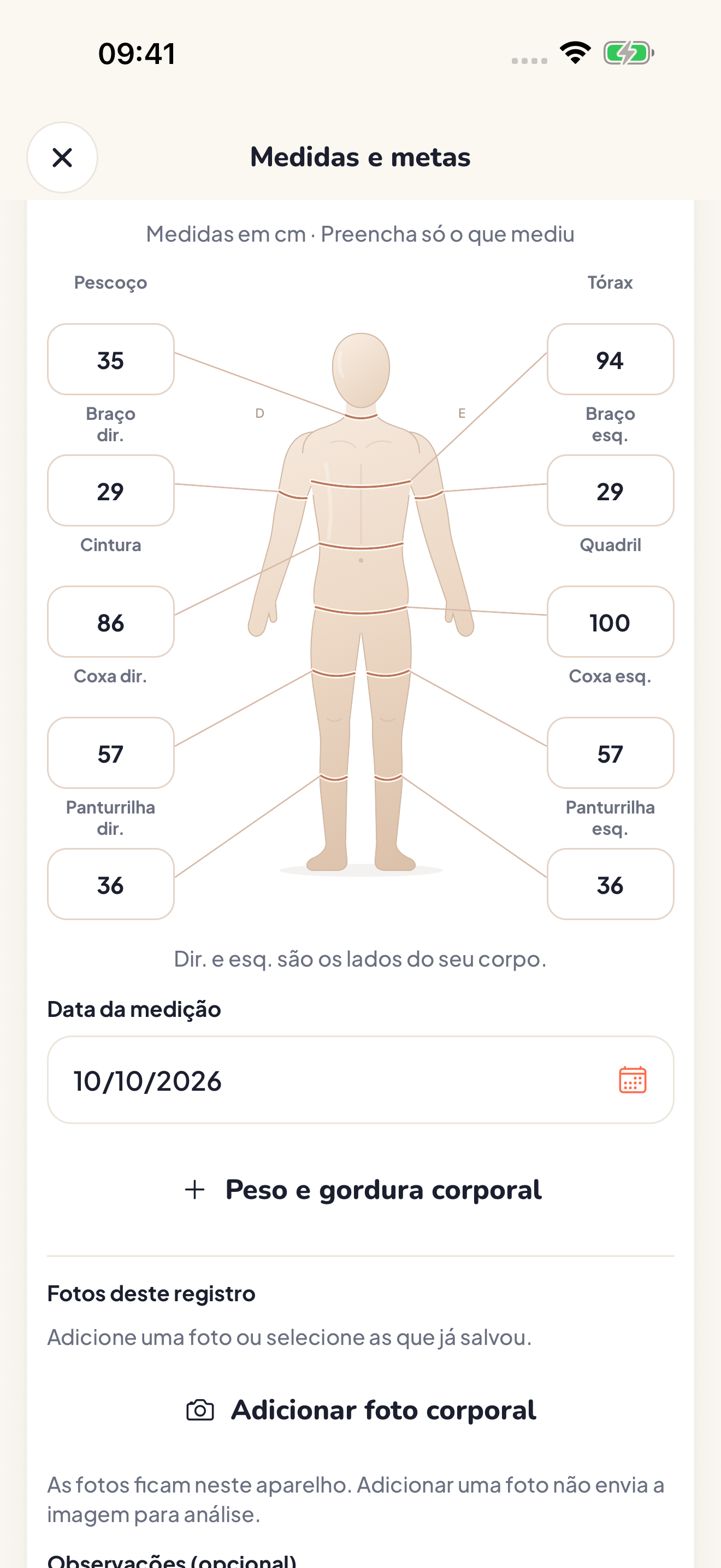 Tela real do PepWay para registrar medidas corporais manualmente, com dados de exemplo.