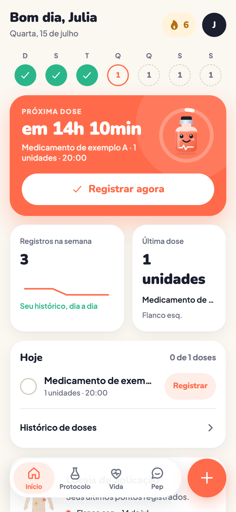Tela inicial do PepWay com próximas doses e registros de exemplo.